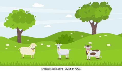 Livestock on pasture. Landscape. Cow, sheep, goat. Flat style. Vector illustration 