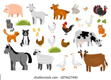 Livestock and pets on the farm. Written in English chicken, goat, pig, rabbit, horse, sheep, dog, rooster, duck, cow, dog, cat, goose, turkey