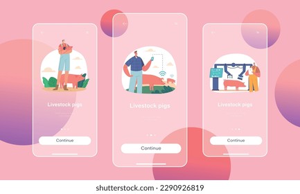 Livestock Pigs Mobile App Page Onboard Screen Template. Farmer Characters Tending To Pigs On Farm, Feeding, Washing