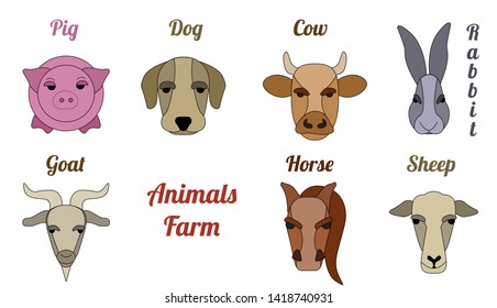 Livestock portrait flat icon set with cow, horse, rabbit, sheep, goat, pig, dog. Colorful vector illustration on white. 