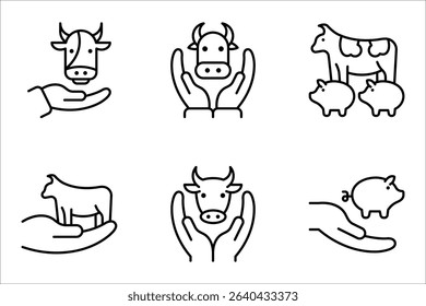 Livestock protection icon set. Veterinary service. Animal rights and healthcare, Farming industry. vector illustration on white background