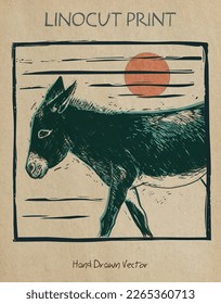 Livestock. Rural donkey. Hand drawn vector illustration, stylized in traditional artistic linocut or woodcut print on old paper.