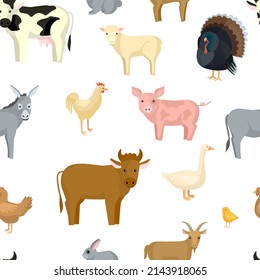 Livestock seamless pattern on white background. Farm birds and animals in the style cartoon. Repeated design texture for printing, fabric, wrapping, interior, wallpaper, tissue. Vector illustration.