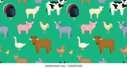 Livestock seamless pattern on white background. Farm birds and animals in the style cartoon. Repeated design texture for printing, fabric, wrapping, interior, wallpaper, tissue. Vector illustration.