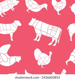 Livestock seamless vector pattern chicken, turkey, chick, lamb, cow. Butcher. Butcher shop. Parts meat carcass domestic farm poultry and farm livestock. Vector flat color illustration. Isolated.