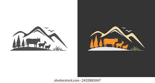 livestock sheep goat cow tree mountain logo cattle vector illustration