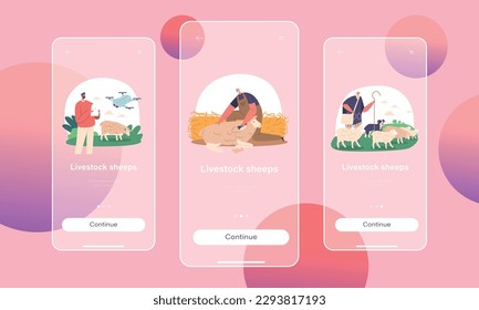Livestock Sheep Mobile App Page Onboard Screen Template. Farmers Work On Smart Livestock, Feeding, Grazing Animals