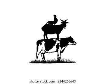 Livestock Stack Cow, Goat and Rooster Farm Symbol Nature Vintage Logo Vector