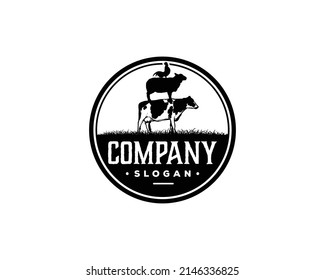Livestock Stack of Milk Cow, Sheep and Rooster Animal Farm Vintage Circle Logo Vector