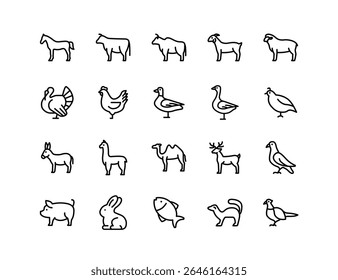 Conjunto de Ícones de Vetor de Animais | Espessura ajustável da linha | Animais, fazenda, aves, gado, ovelha, cabra, cavalo, porco, coelho, pato, vida selvagem, agricultura, vida rural ícones
