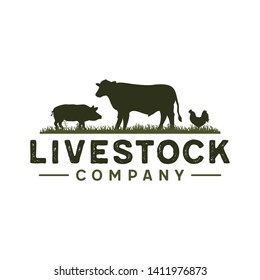 Livestock Vintage Logo With Cow, Chicken, And Pork