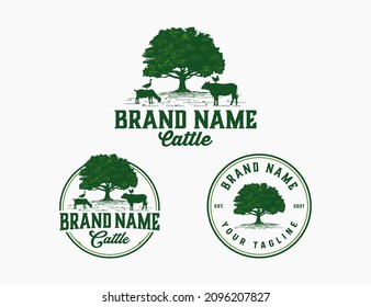 Livestock vintage logo with cow, chicken, goat, and duck Premium Vector