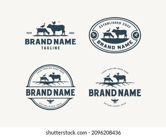 Livestock vintage logo with cow, chicken, goat, honey bee, and duck Premium Vector