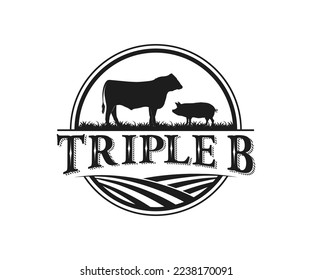 Livestock vintage logo with cow, and pork. Cattle Farm Logo Design