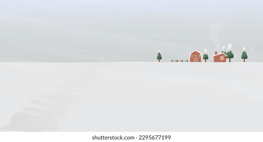 Livestock in winter season flat design vector illustration with blank space. Rural landscape, log cabin, farm and pines with heavy snow.