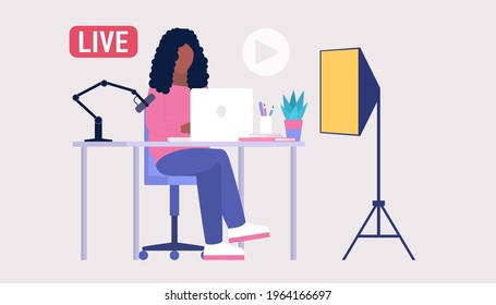 Livestream, Podcast in studio. Video lesson, webinar. Vector illustration in a flat style