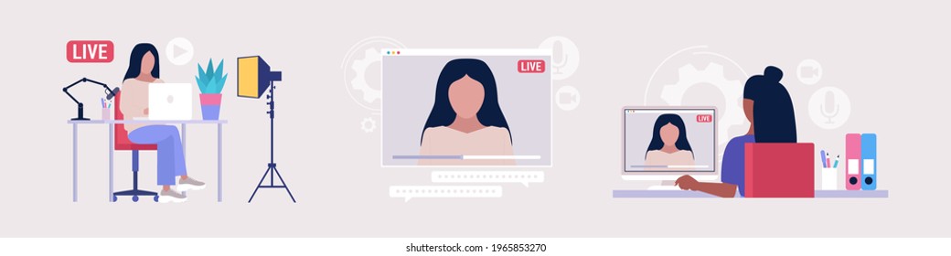 Livestream, Podcast in studio. Video lesson, webinar. Vector set in a flat style