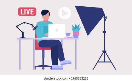 Livestream, Podcast in studio. Video lesson, webinar. Vector illustration in a flat style