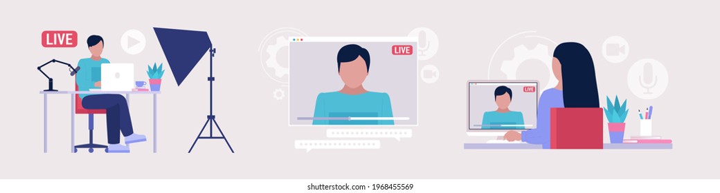 Livestream, Podcast in studio. Video lesson, webinar. Vector set in a flat style