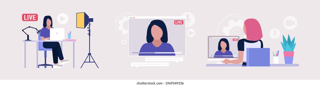 Livestream, Podcast In Studio. Video Lesson, Webinar. Vector Set In A Flat Style