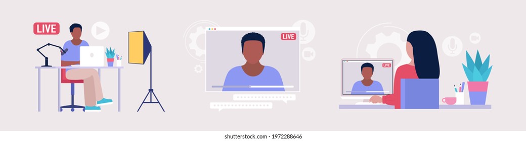 Livestream, Podcast in studio. Video lesson, webinar. Vector set in a flat style