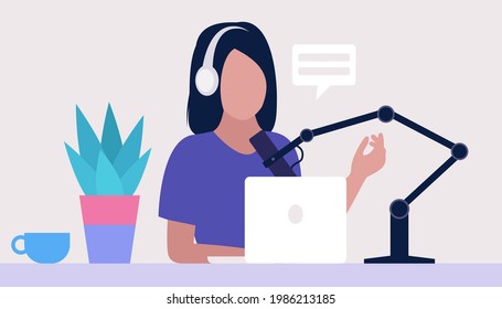 Livestream, Podcast in studio. Video lesson, webinar. Vector set in a flat style