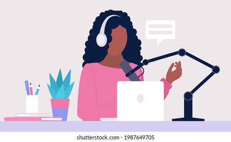 Livestream, Podcast in studio. Video lesson, webinar. Vector set in a flat style