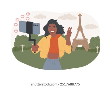 Transmisión en vivo de Ilustraciones vectoriales de dibujos animados aislados. Video Blogger de viajes que filma en su teléfono inteligente de sus vacaciones, estilo de vida de la gente, tiempo de viaje de vlog, caricatura de Vector de viaje de transmisión en vivo.