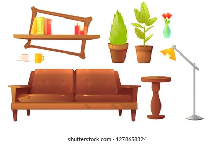 Living or bedroom object set with leather sofa and wooden shelf with frame and books. Stylish furniture - a lamp and a vase and a table. Vector cartoon illustration 