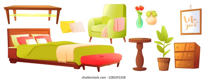 Living or bedroom object set with leather sofa and wooden shelf with frame and books. Stylish furniture - a lamp and a vase and a table. Vector cartoon illustration 