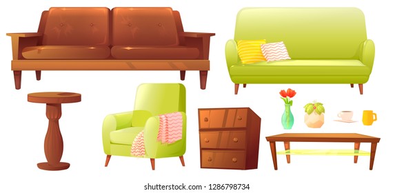Living or bedroom object set with leather sofa and wooden shelf with frame and books. Stylish furniture - a lamp and a vase and a table. Vector cartoon illustration 