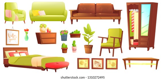 Living or bedroom object set with leather sofa and wooden shelf with frame and books. Stylish furniture - a lamp and a vase and a table. Vector cartoon illustration