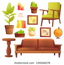 Living or bedroom object set with leather sofa and wooden shelf with frame and books. Stylish furniture - a lamp and a vase and a table. Vector cartoon illustration 