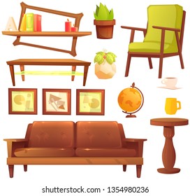 Living or bedroom object set with leather sofa and wooden shelf with frame and books. Stylish furniture - a lamp and a vase and a table. Vector cartoon illustration 