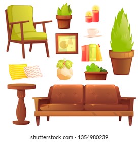 Living or bedroom object set with leather sofa and wooden shelf with frame and books. Stylish furniture - a lamp and a vase and a table. Vector cartoon illustration 
