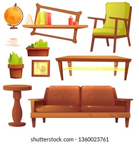 Living or bedroom object set with leather sofa and wooden shelf with frame and books. Stylish furniture - a lamp and a vase and a table. Vector cartoon illustration 