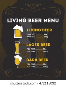 Living beer menu, vector illustration. Layout template