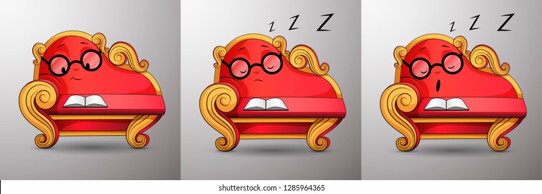 Living cartoon character. Smart red classic sofa, with golden curved handles and eyes, reads book, smiling. Funny cute couch with glasses propped up his face at his hand, asleep while reading. Vector.