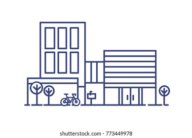 Living city building in contemporary architectural style surrounded by trees and bicycle parked beside it. Modern dwelling drawn with blue contour lines on white background. Vector illustration.