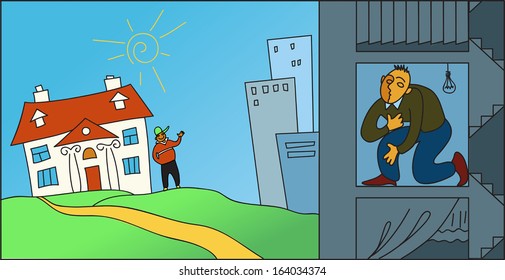 Living in the city or in the suburbs. Man squished in a tiny apartment in the city, another man  standing next to a big house in the country, vector cartoon