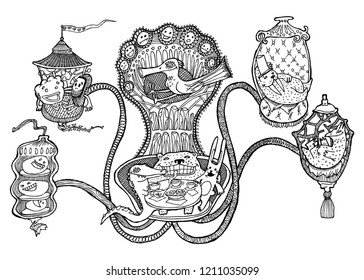 Living cloud house, bear, walrus, hare, bird, walrus, nuts. Black and white graphics, well suited for children's publications, design of other products.