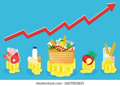 Living concept. Infographic vector illustration of grocery food and drink main products stand on coins stacks with red arrow rising up. Living cost inflation and budget planning.