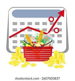 Living concept. Infographic vector illustration basket with grocery food and drink products, calendar with arrow rise and money coins stacks. Living cost inflation and budget planning.
