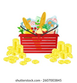 Living concept. Infographic vector illustration basket with grocery food and drink products and money coins stacks. Living cost inflation and budget planning.
