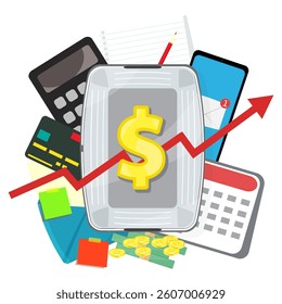 Living concept. Infographic vector illustration grocery basket with currency icon, calculator with smartphone, to do list with notes laying around. Living cost inflation and budget planning.