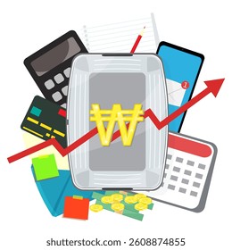 Living concept. Infographic vector illustration grocery basket with currency icon, calculator with smartphone, to do list with notes laying around. Living cost inflation and budget planning.