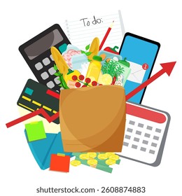 Living concept. Infographic vector illustration with grocery products, calculator with smartphone, to do list and envelope with notes laying around. Living cost inflation and budget planning.