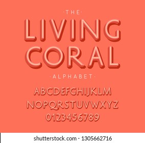 Living Coral Alphabet and Font. Letters and Numbers with color of the year 2019