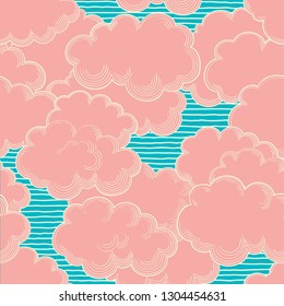 Living Coral clouds. Vector seamless patterns  of  sky with clouds at retro style