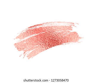 Living coral color of 2019 or gold rose foil brush stroke. Pink coral sparkle glitter paint texture isolated on white background. Vector metal gradient makeup brushstroke pattern.